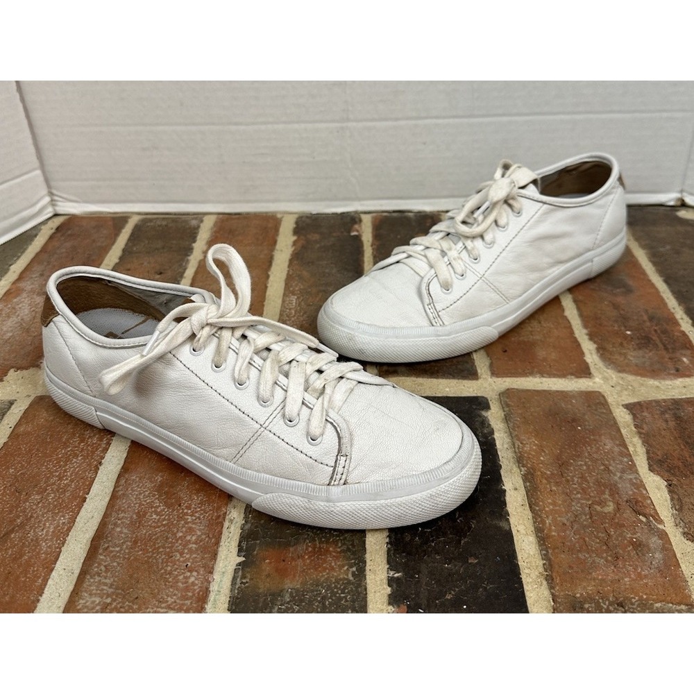 FRYE White Leather Lace-Up Sneakers Low Top Brown Logo Classic Shoes Women's 9.5
